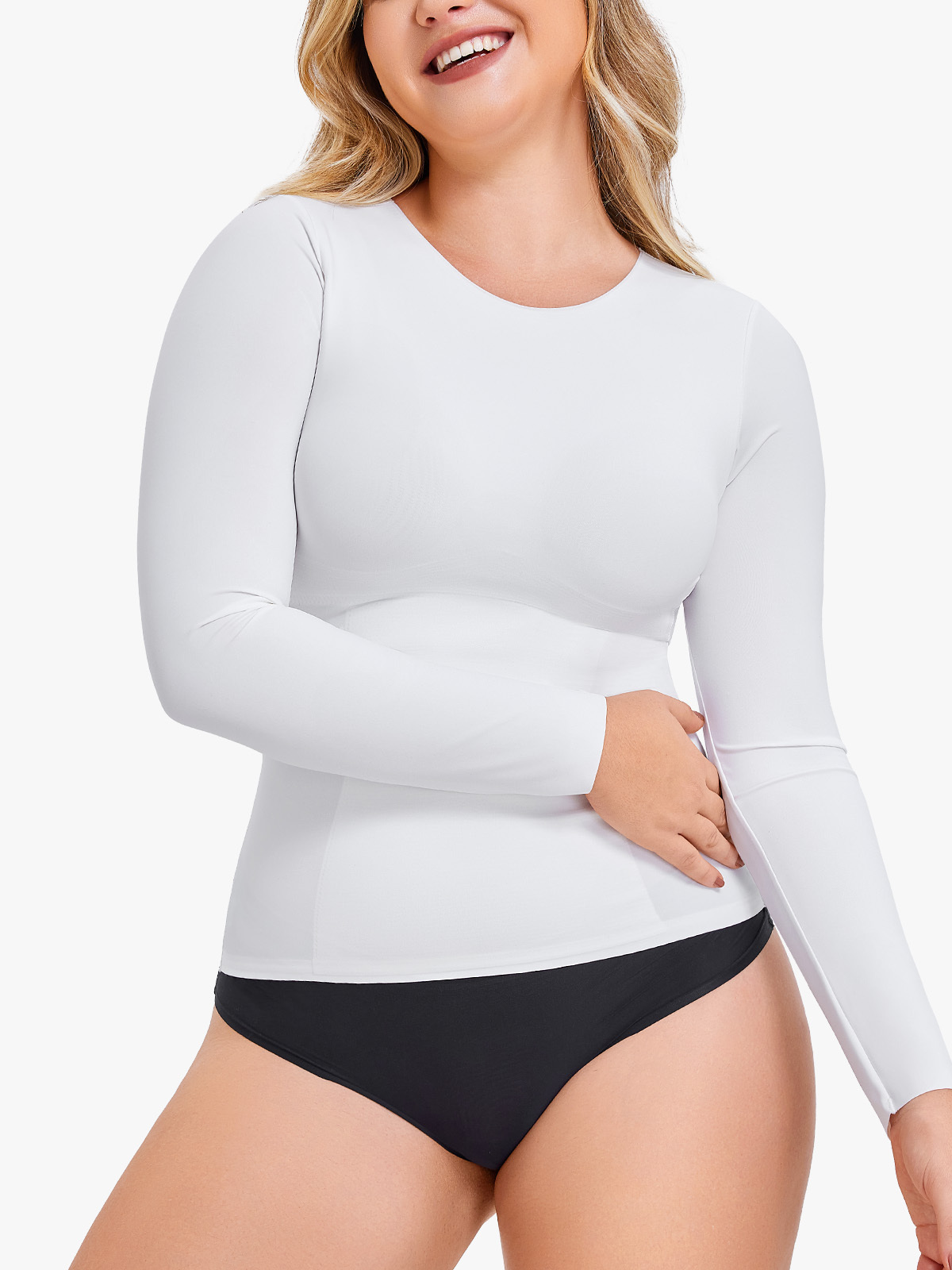 Seamless Tummy Control Long Sleeve Compression Tanks Crew Neck Tops-Brabic