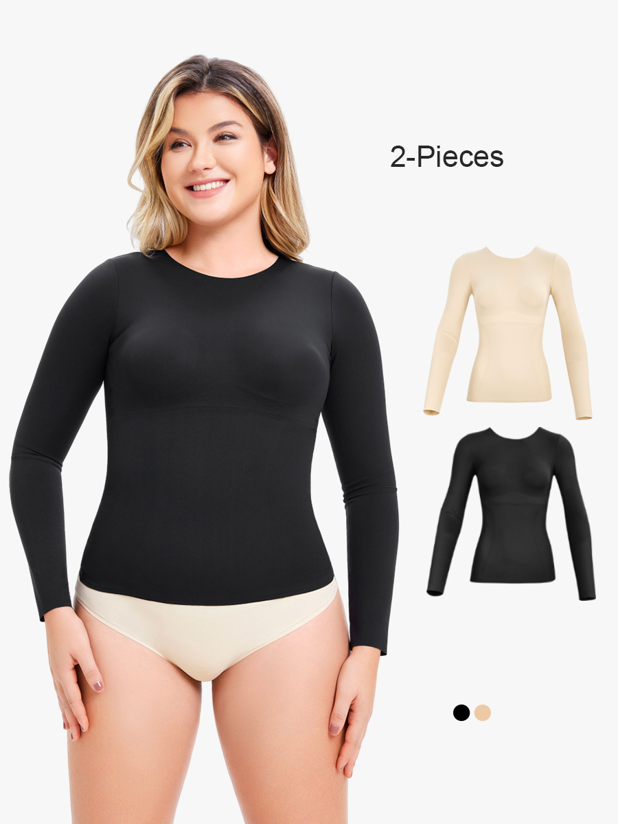 BRABIC 2-Piece Set Shapewear for Women Tummy Control Long Sleeve Compression Tanks Crew Neck Tops Seamless Body Shaper TO019