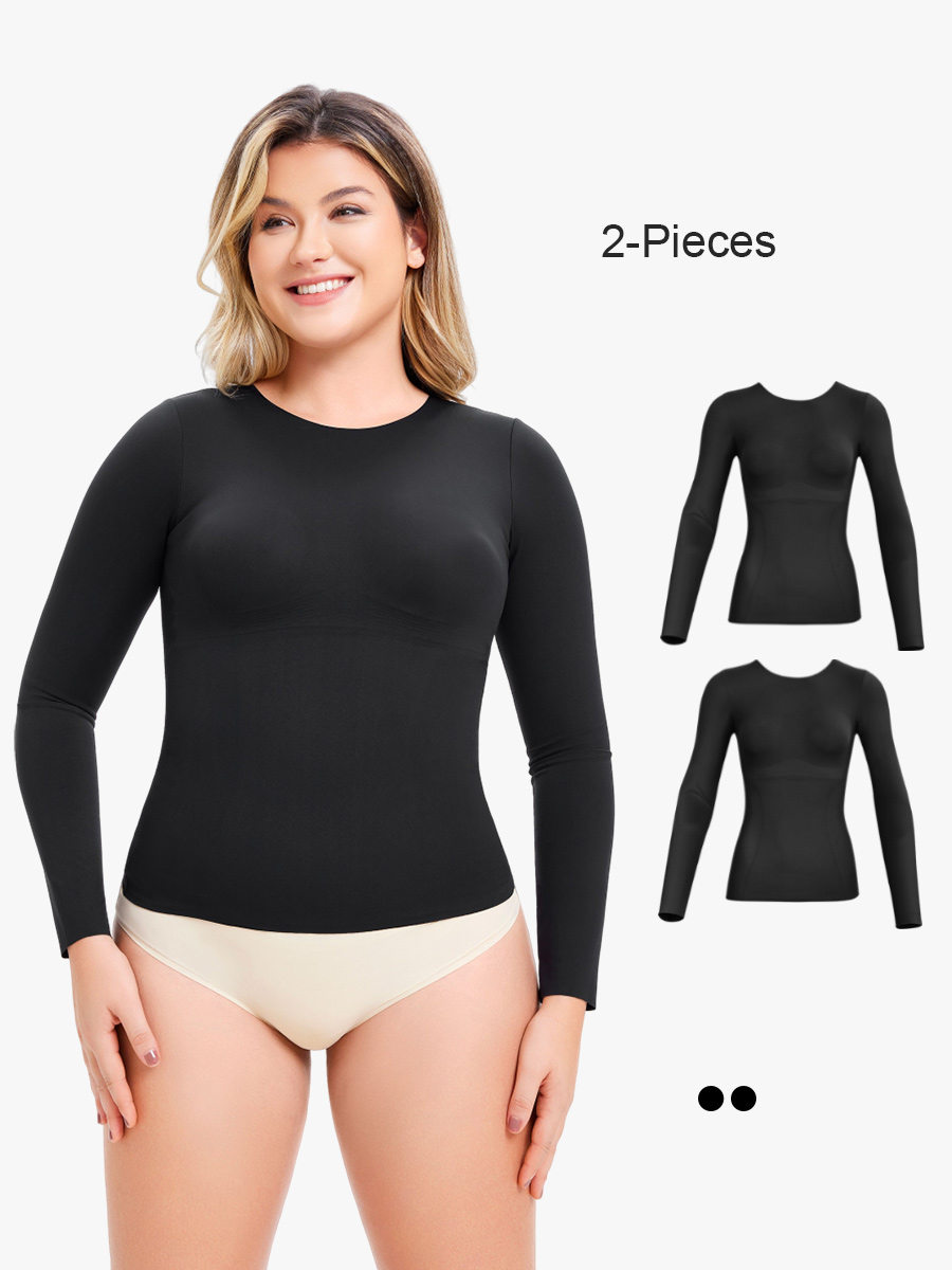 BRABIC 2-Piece Set Shapewear for Women Tummy Control Long Sleeve Compression Tanks Crew Neck Tops Seamless Body Shaper TO019