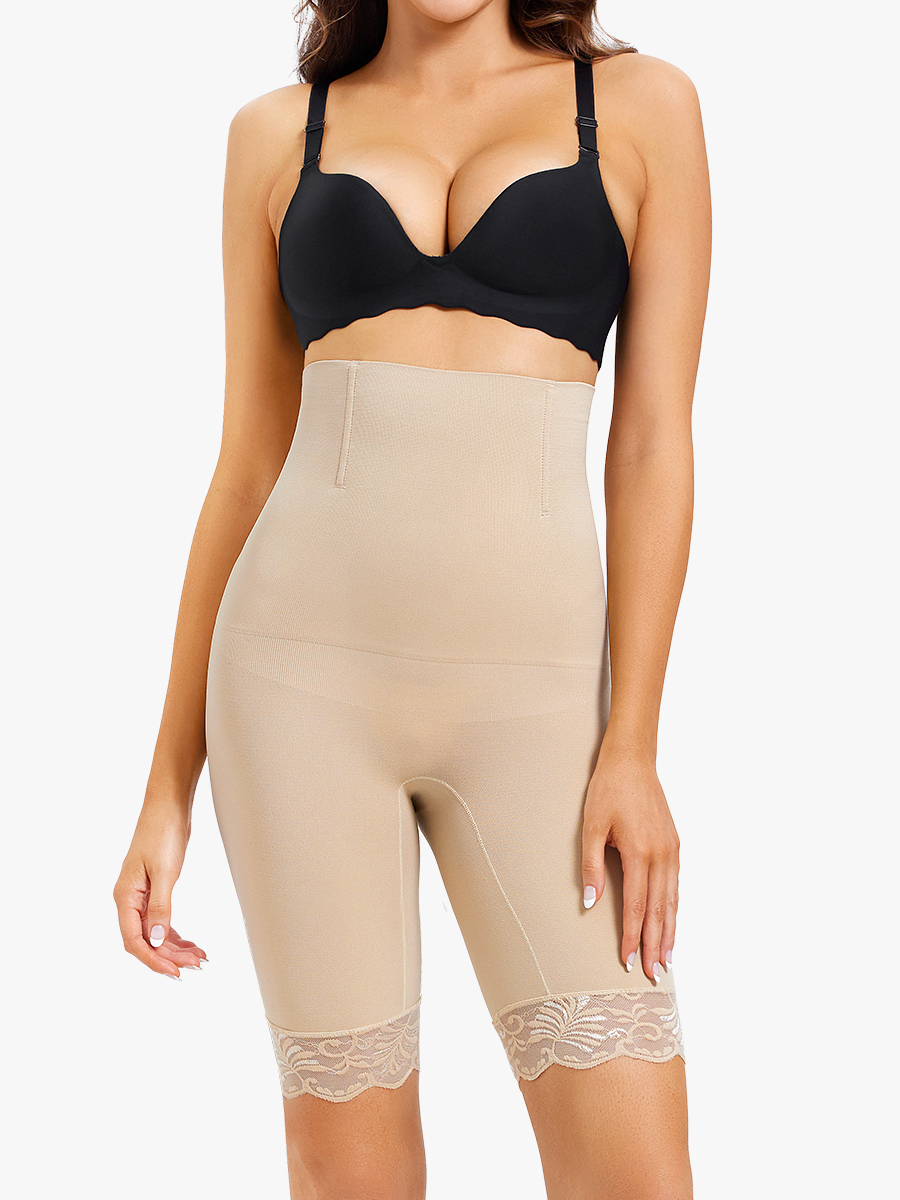 High-Waisted Above The Knee Shapewear Short Lace Trim Panty Girdle-Brabic