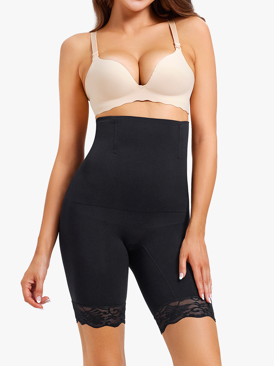 High-Waisted Above The Knee Shapewear Short Lace Trim Panty Girdle-Brabic
