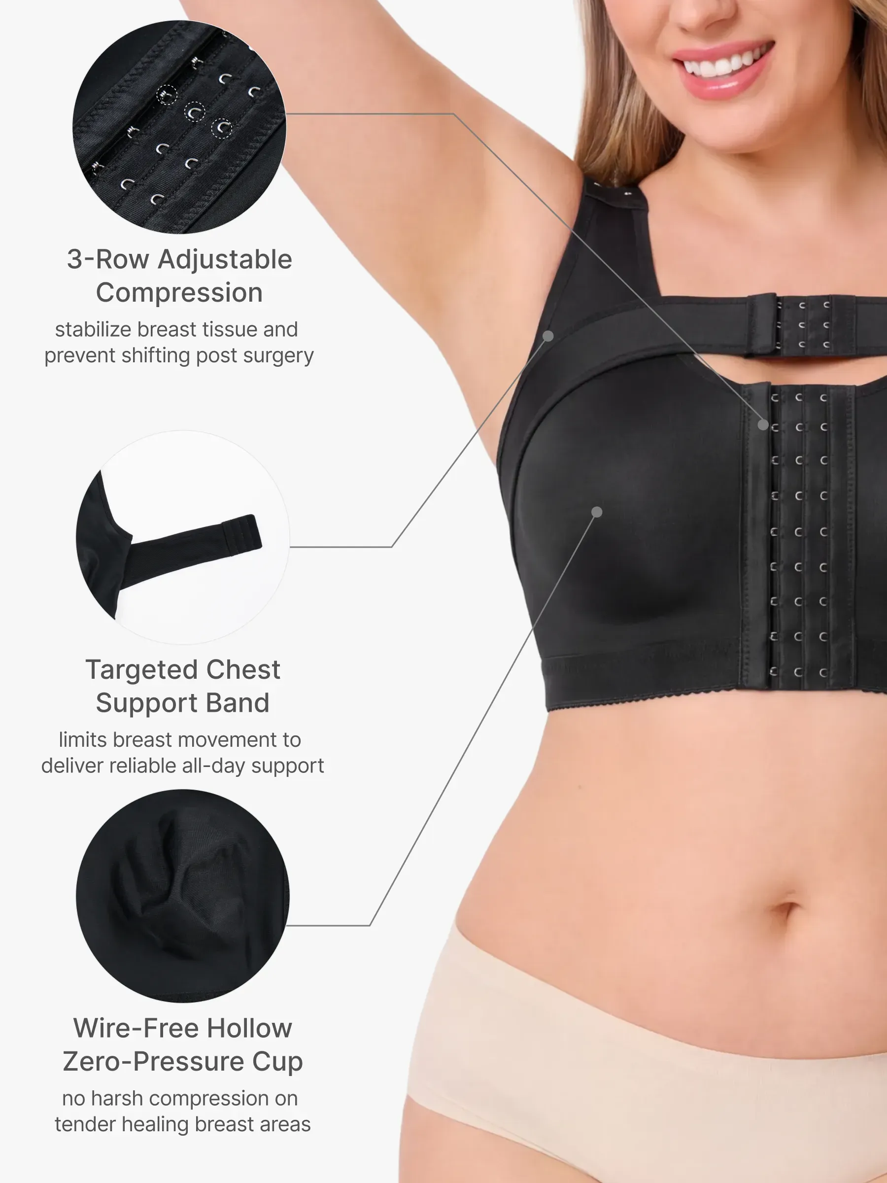 Front-Opening Full Coverage Wireless Comfort Mastectomy Post Surgery Bra with Breast Support Band
