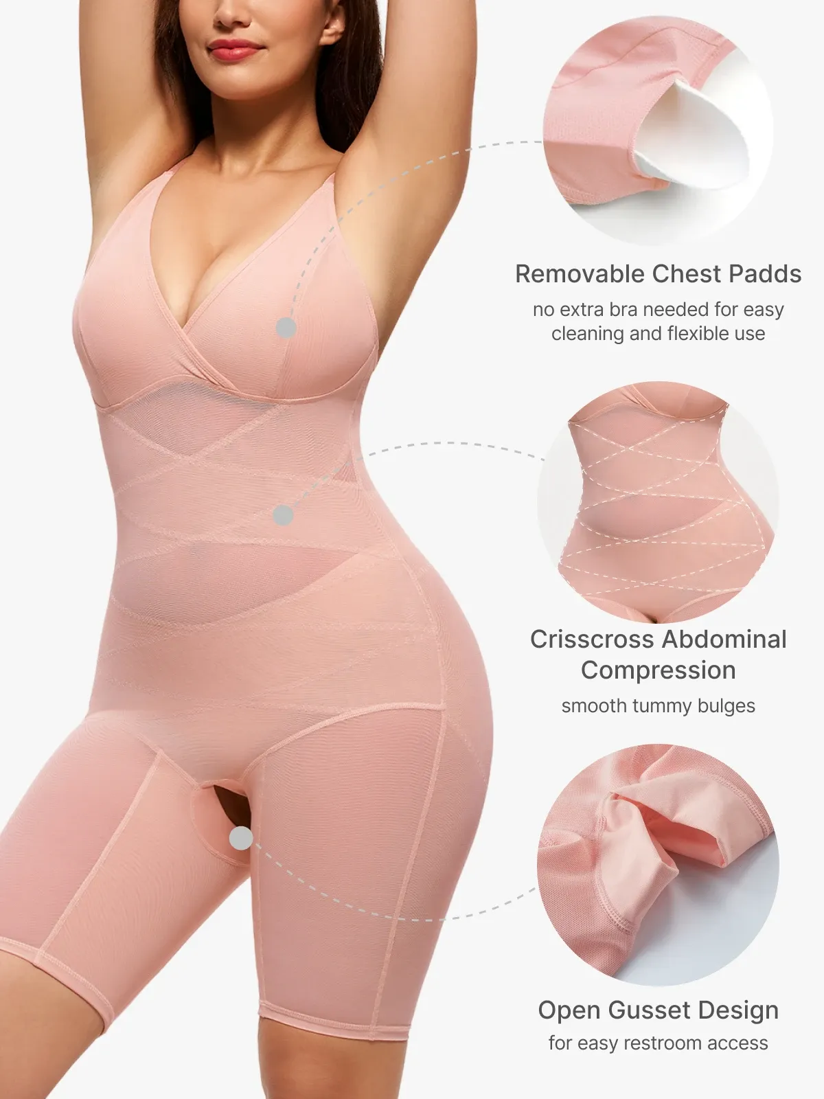 V Neck Comfortable Breathable Mesh Invisible Tummy Control Bodysuit
