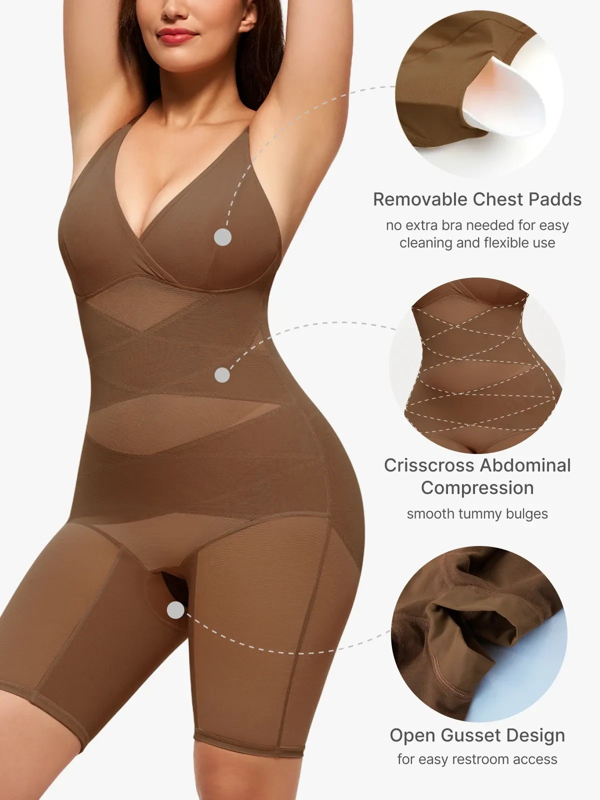 V Neck Comfortable Breathable Mesh Invisible Tummy Control Bodysuit