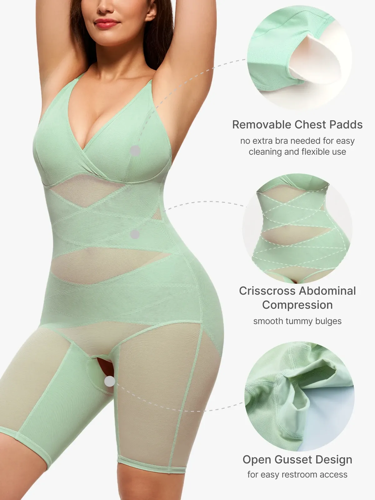 V Neck Comfortable Breathable Mesh Invisible Tummy Control Bodysuit