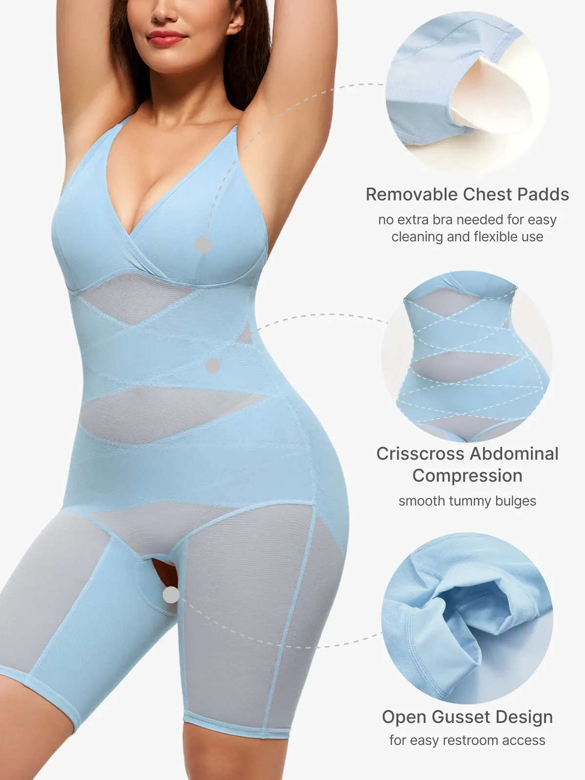 V Neck Comfortable Breathable Mesh Invisible Tummy Control Bodysuit