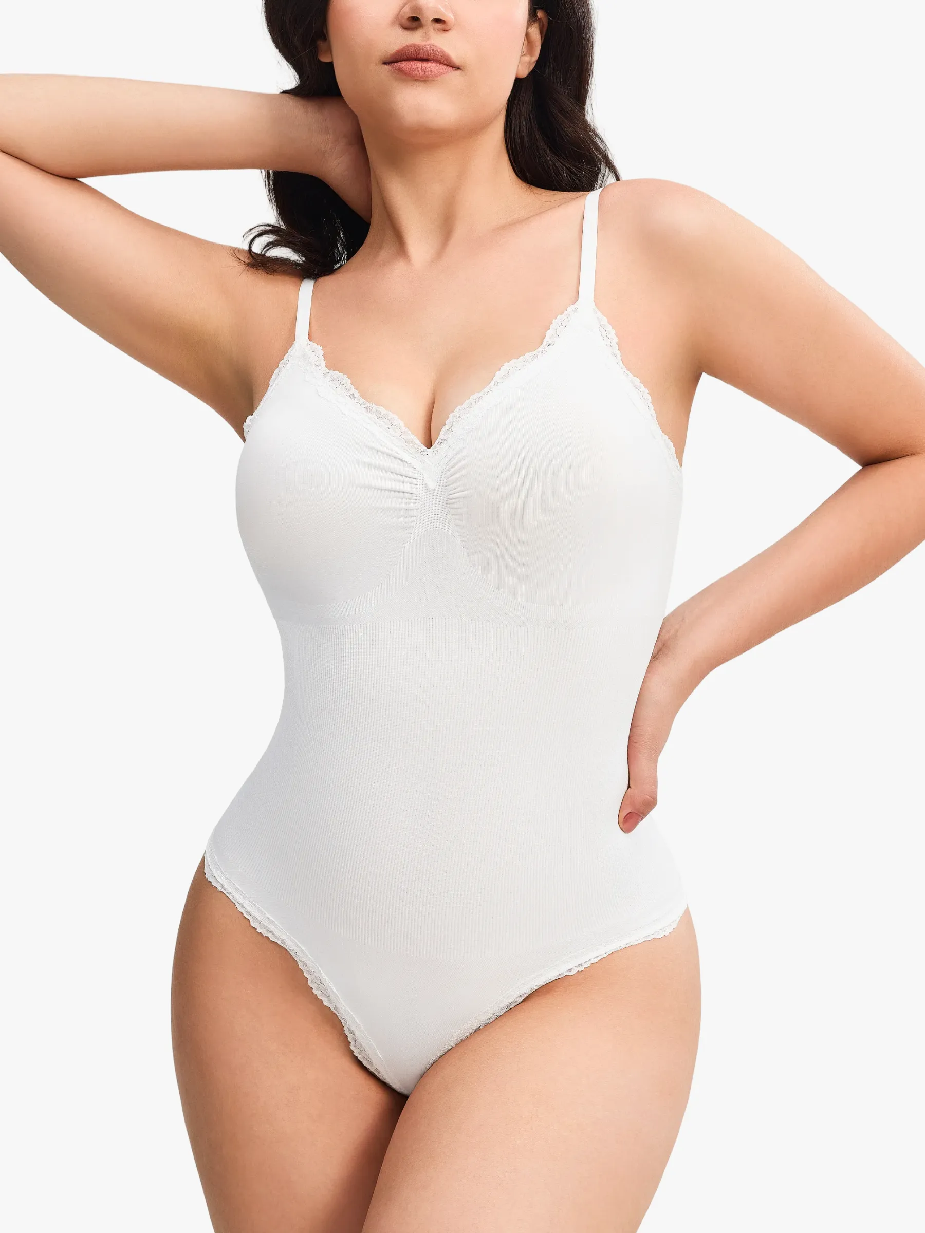 Lace Trimmed Deep Plunge Slimming Cami Thong Bodysuit