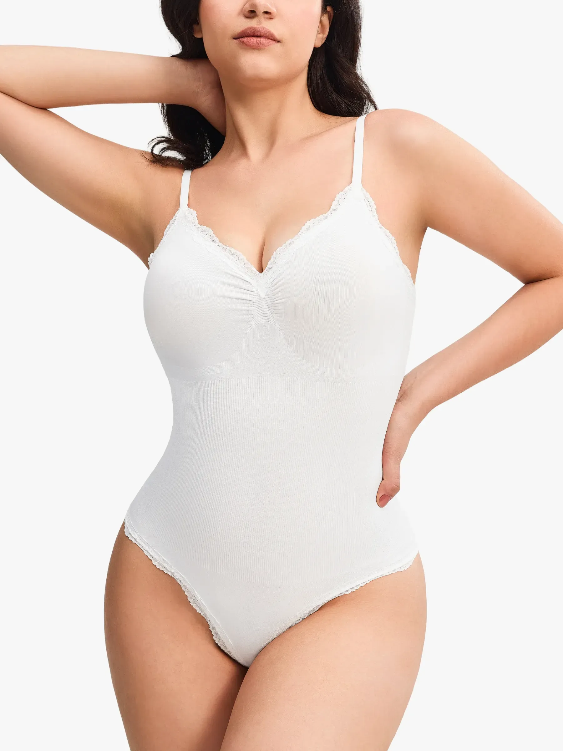 Lace Trimmed Deep Plunge Slimming Cami Thong Bodysuit
