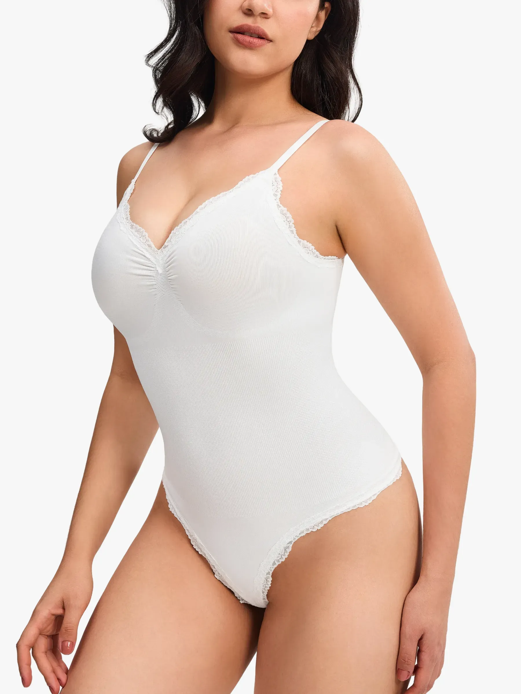 Lace Trimmed Deep Plunge Slimming Cami Thong Bodysuit