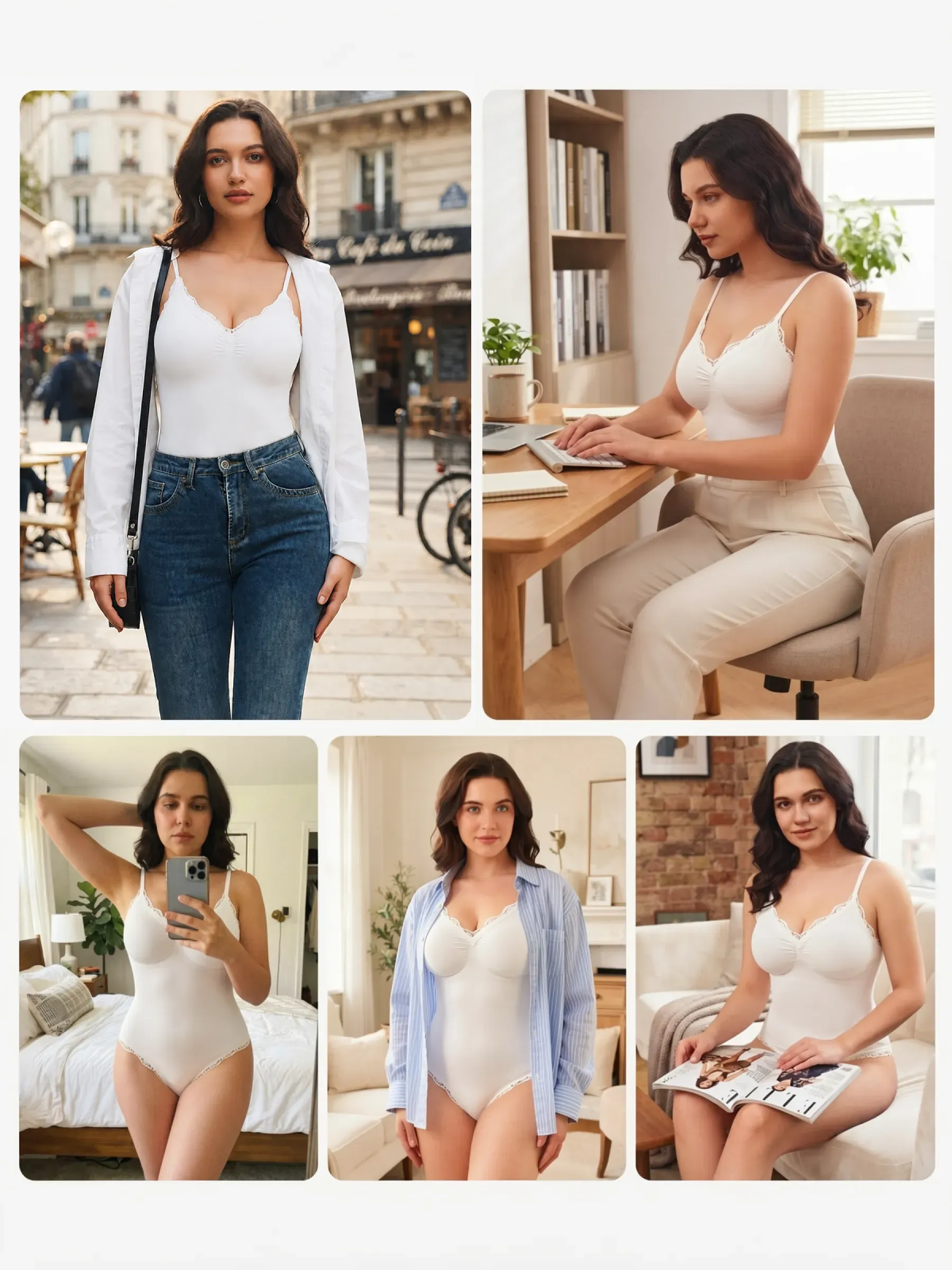 Lace Trimmed Deep Plunge Slimming Cami Thong Bodysuit