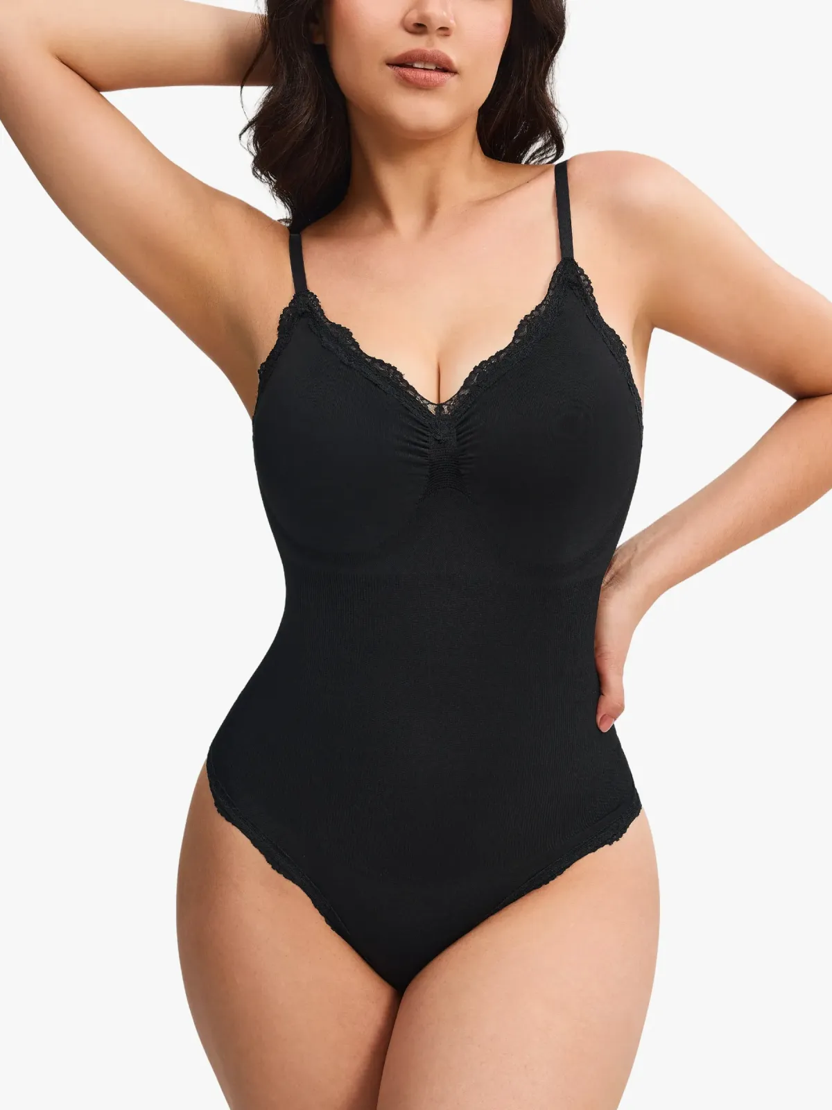 Lace Trimmed Deep Plunge Slimming Cami Thong Bodysuit