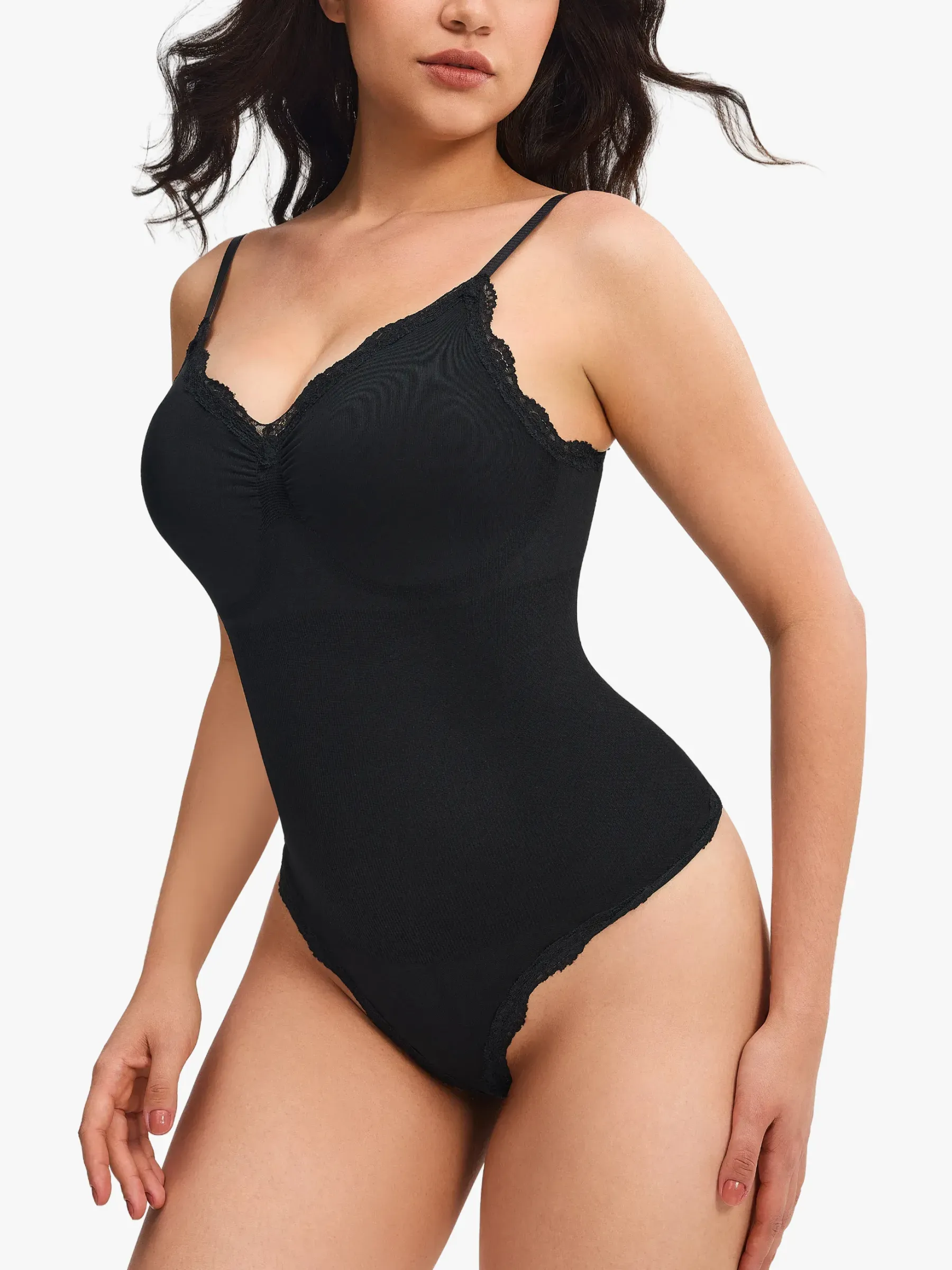 Lace Trimmed Deep Plunge Slimming Cami Thong Bodysuit