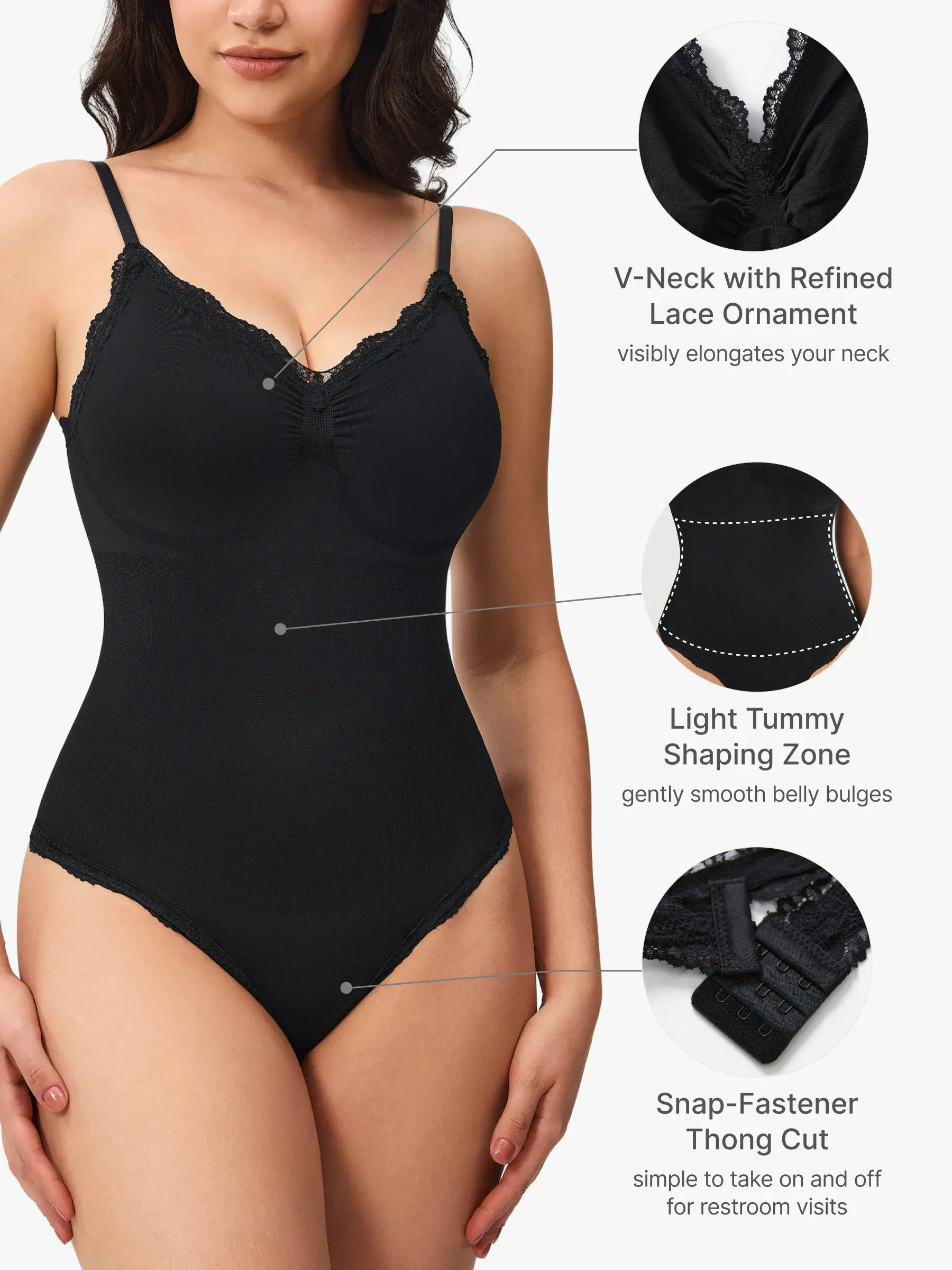 Lace Trimmed Deep Plunge Slimming Cami Thong Bodysuit