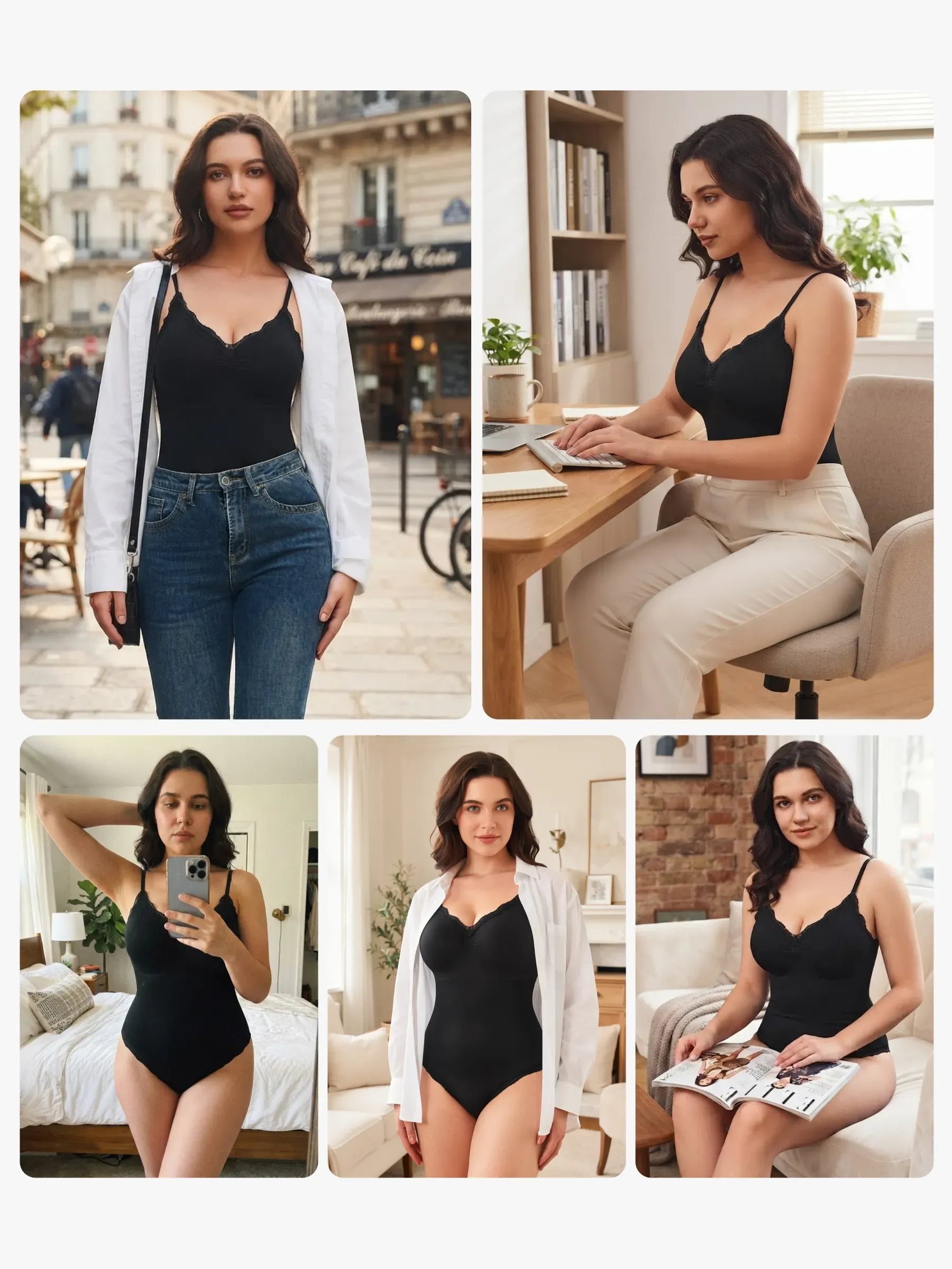 Lace Trimmed Deep Plunge Slimming Cami Thong Bodysuit
