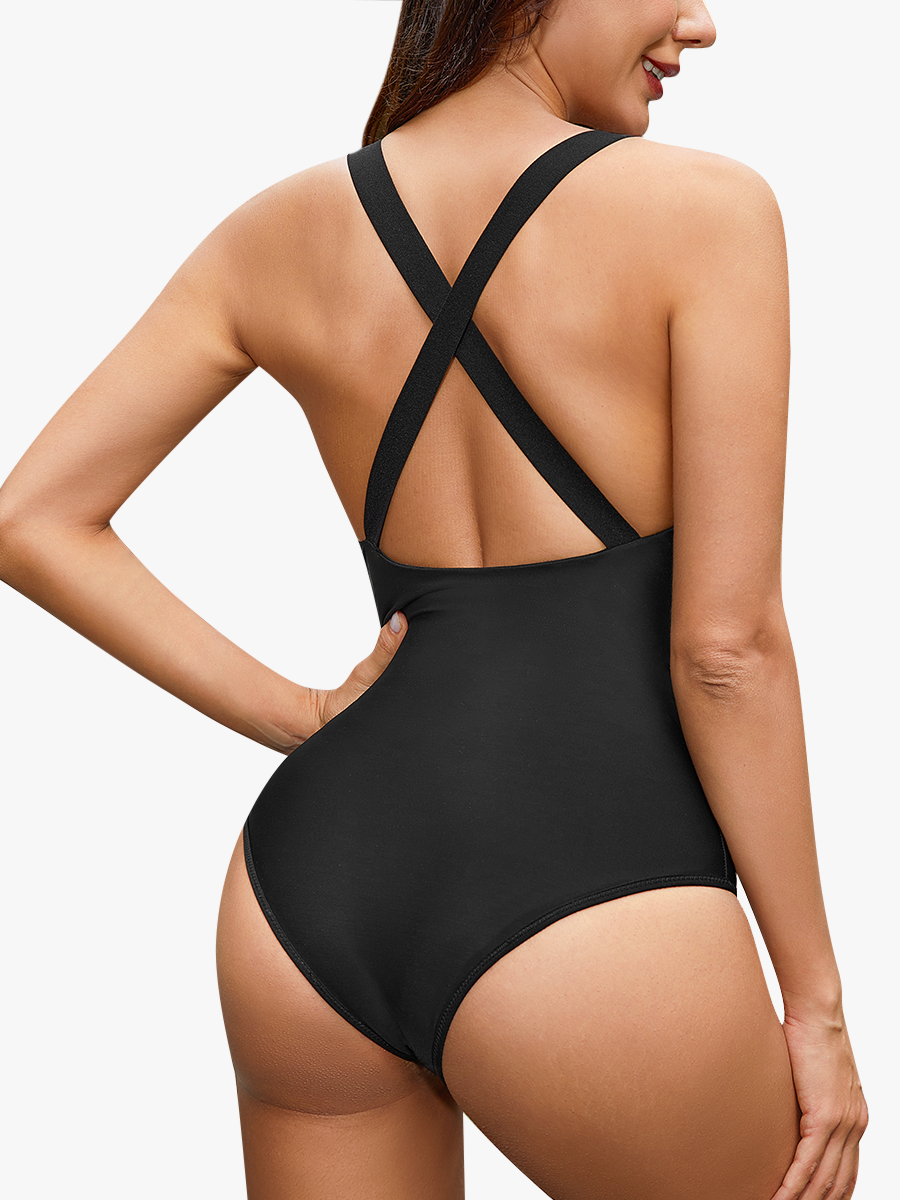 Plunge V-Neckline Keyhole Crotch Opening Halter Neck Sleeveless Cross Back Bodysuit-Brabic
