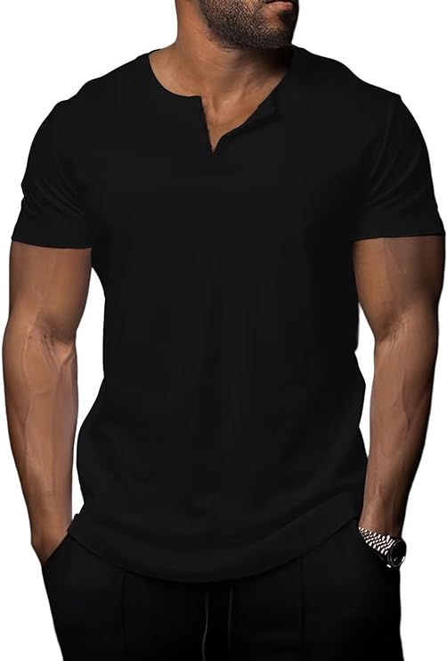 Mens Henley Shirts Short Sleeve Casual Summer T Shirts Muscle Slim Fit
