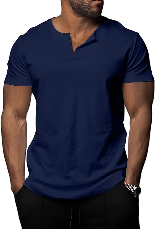 Mens Henley Shirts Short Sleeve Casual Summer T Shirts Muscle Slim Fit