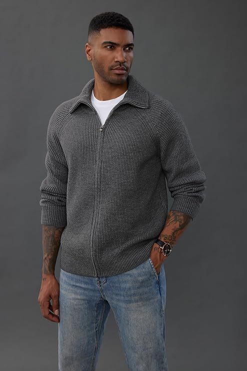 Men's Full Zip Cardigan Sweaters Unisex Lapel Collar Raglan Sleeve Casual Ribbed Sweater