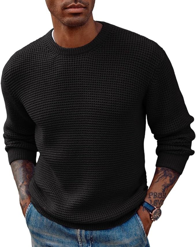 Mens Crewneck Pullover Sweater Waffle Textured Long Sleeve Knitted Swe