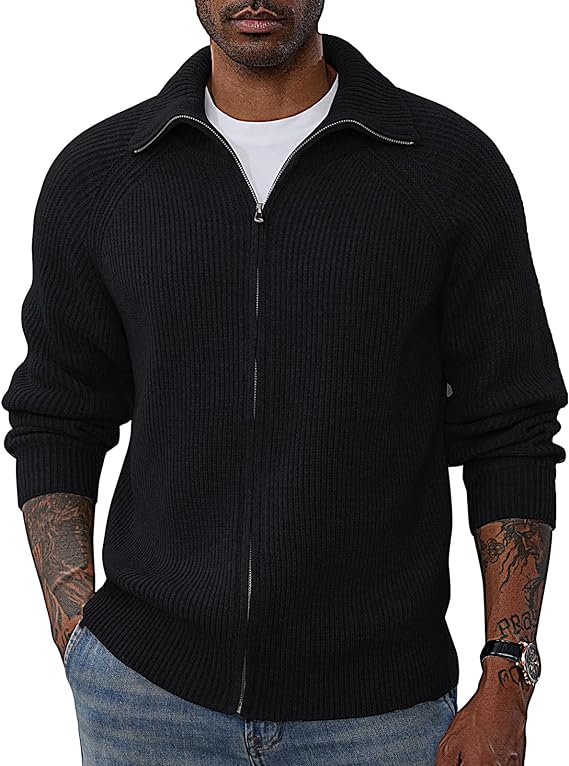 Men's Full Zip Cardigan Sweaters Unisex Lapel Collar Raglan Sleeve Cas