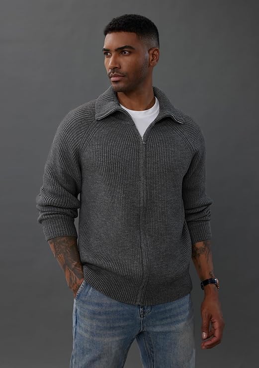 Men's Full Zip Cardigan Sweaters Unisex Lapel Collar Raglan Sleeve Casual Ribbed Sweater