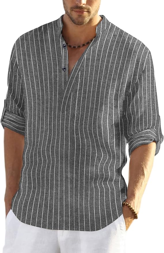 Men's Cotton Linen Henley Shirt Long Sleeve Hippie Casual Beach T Shir