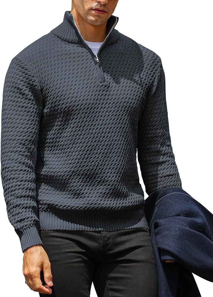 Men's Quarter-Zip Pullover Sweater Mock Turtleneck Polo Zip Up