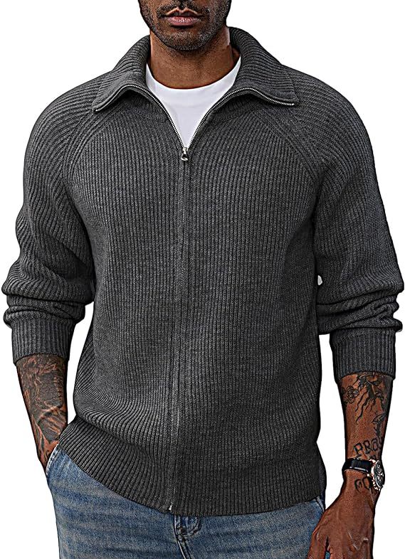 Men's Full Zip Cardigan Sweaters Unisex Lapel Collar Raglan Sleeve Cas