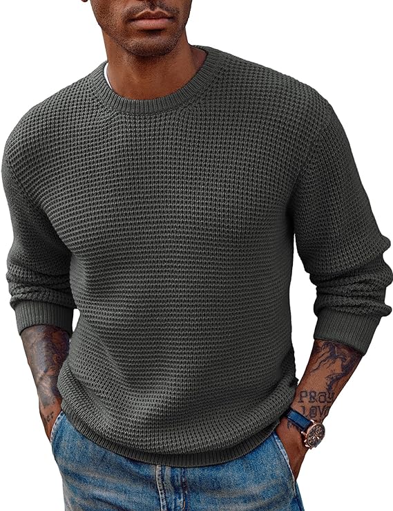 Mens Crewneck Pullover Sweater Waffle Textured Long Sleeve Knitted Sweaters