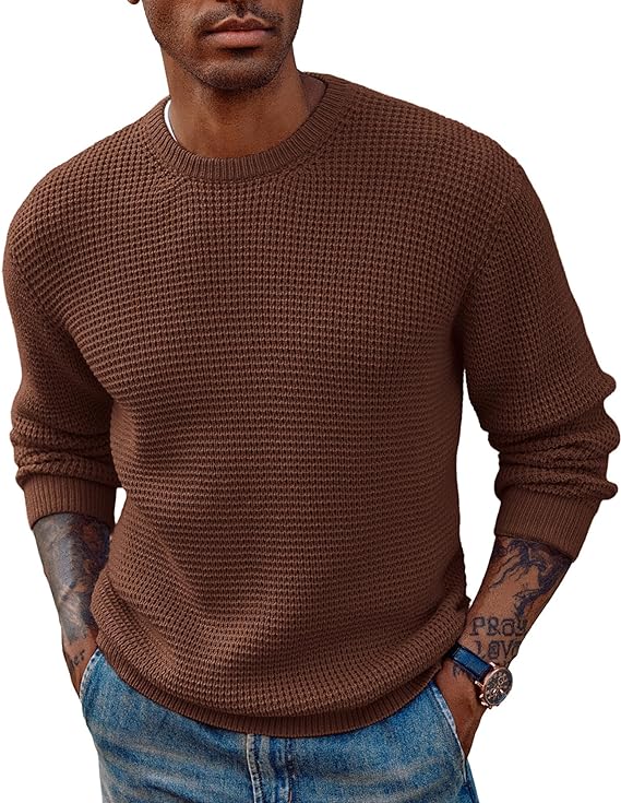 Mens Crewneck Pullover Sweater Waffle Textured Long Sleeve Knitted Sweaters