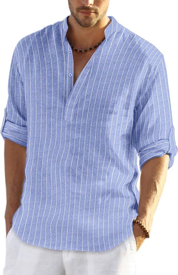 Men's Cotton Linen Henley Shirt Long Sleeve Hippie Casual Beach T Shir