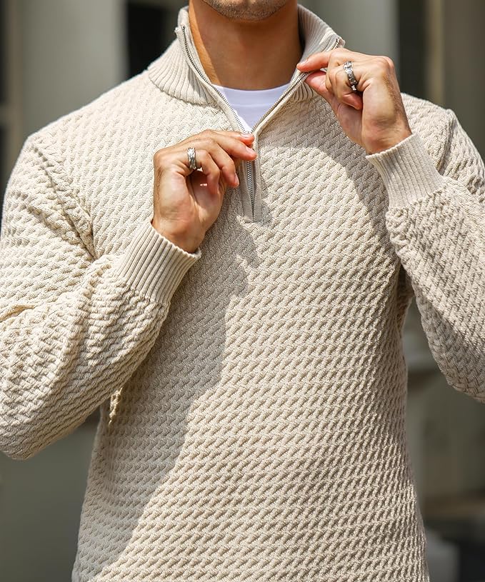 Men's Quarter-Zip Pullover Sweater Mock Turtleneck Polo Zip Up