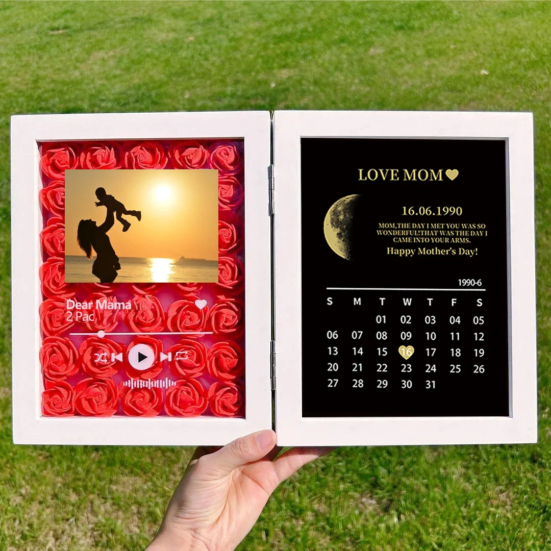 (Square With Song) Custom Flowers Frame for Mom Grandma with REAL MOON PHASE Anniversary Calendar