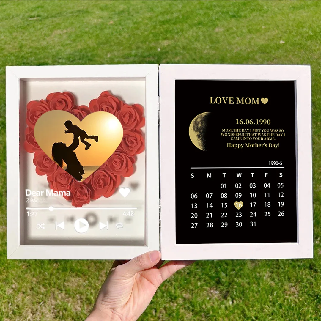 (Heart With Song) Custom Flowers Frame for Mom Grandma with REAL MOON PHASE Calendar
