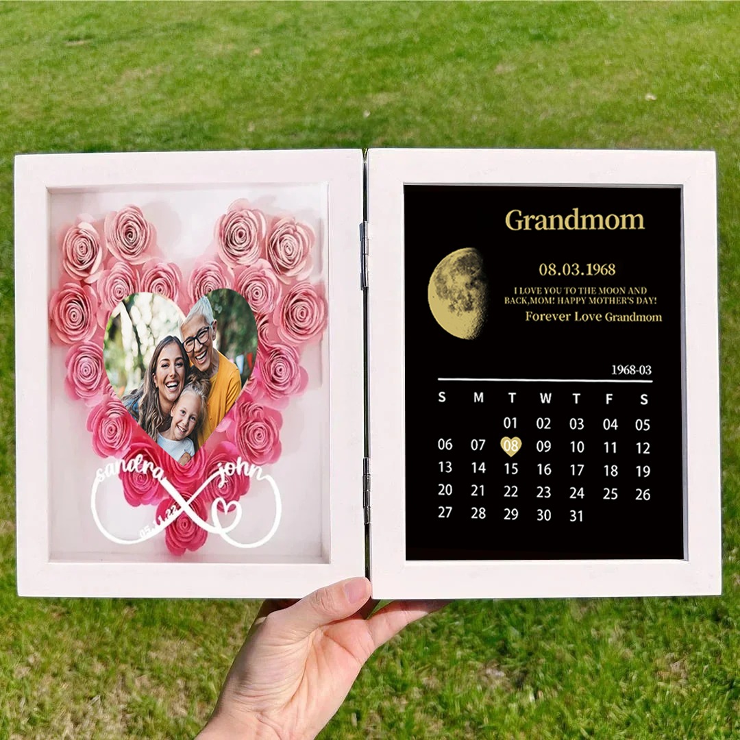 (Infinity Sign With Names) Custom Flowers Frame for Mom Grandma with REAL MOON PHASE Anniversary Calendar
