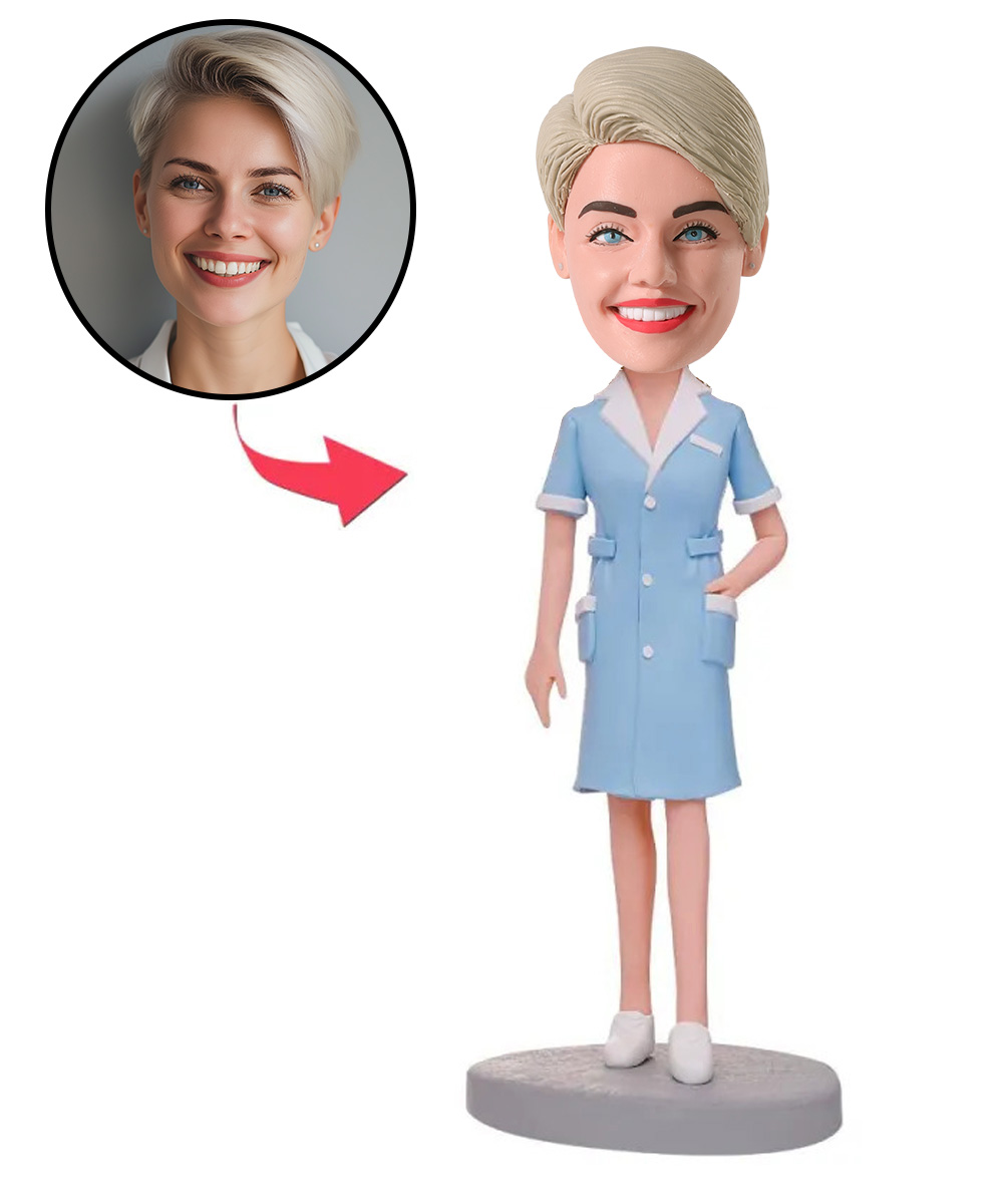 Blue Suit Female Nurse Custom Bobblehead With Engraved Text