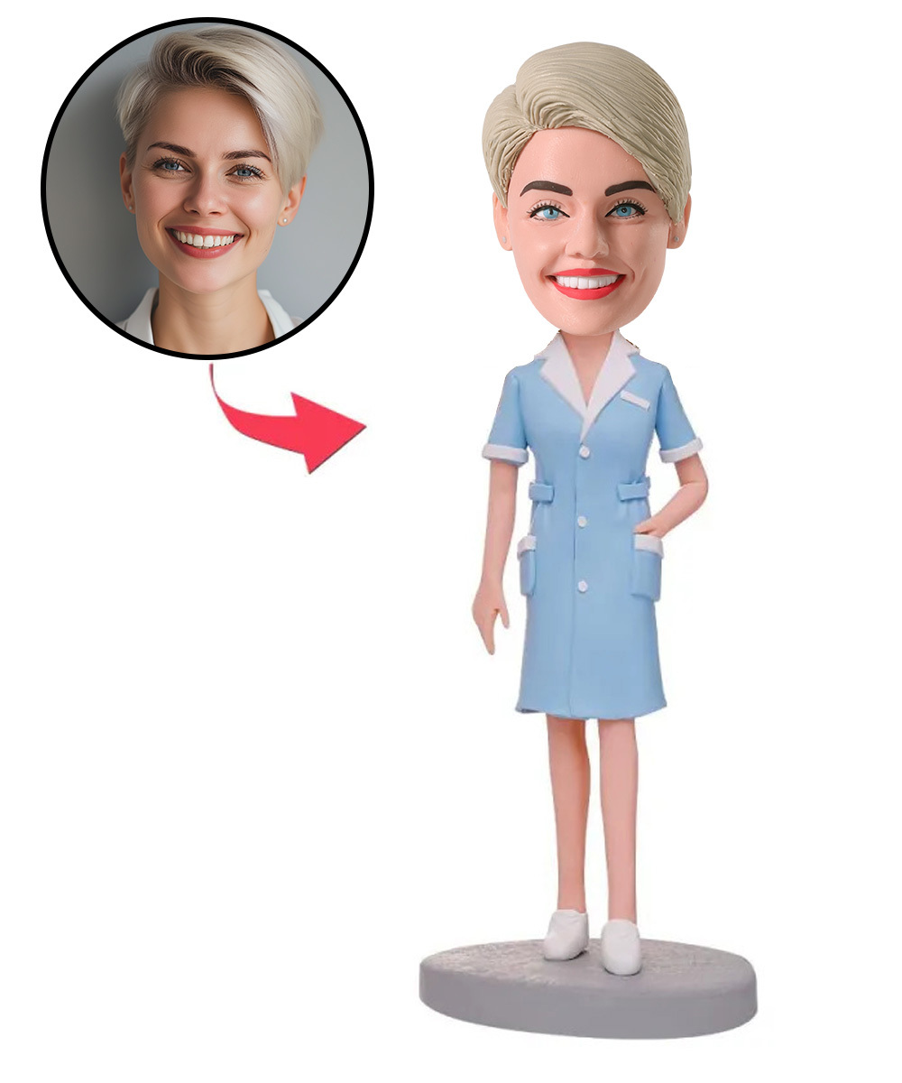Blue Suit Female Nurse Custom Bobblehead With Engraved Text