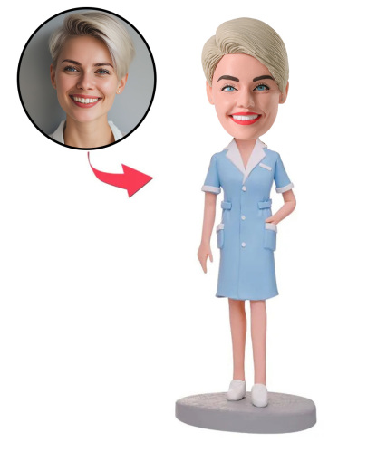 Blue Suit Female Nurse Custom Bobblehead With Engraved Text