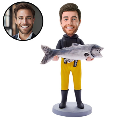 Custom Bobblehead Holding Fish Man With Engraved Text