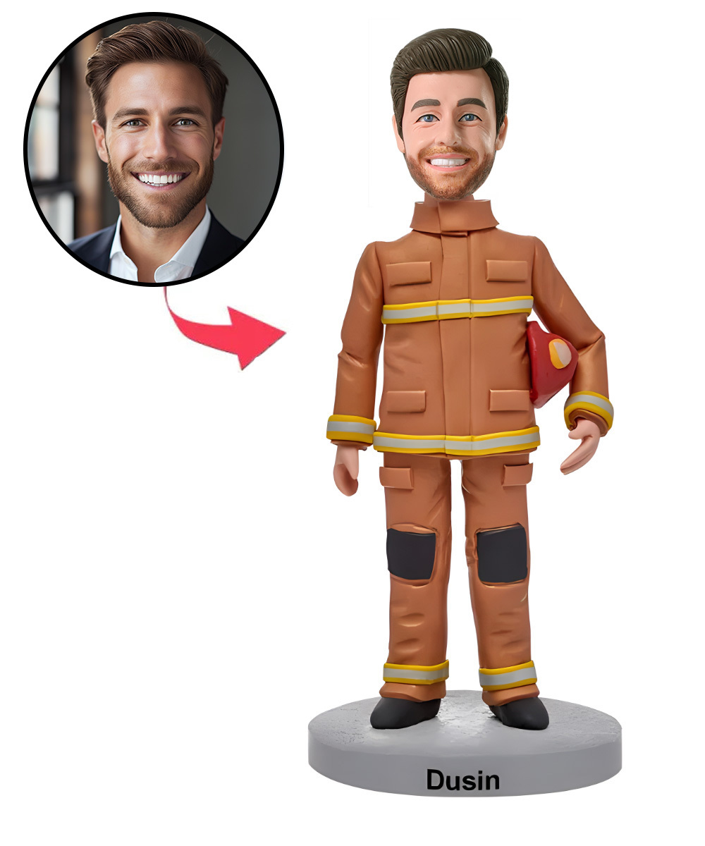 Male Firefighter In Uniform Custom Bobblehead With Engraved Text