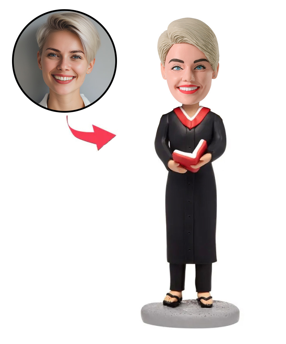 Female Graduate With Red Book Custom Bobblehead With Engraved Text