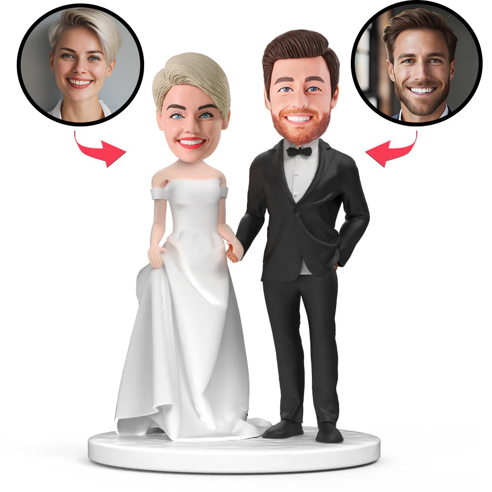 Couple Wedding White Wedding Dress Black Suit Custom Bobblehead Engraved with Text