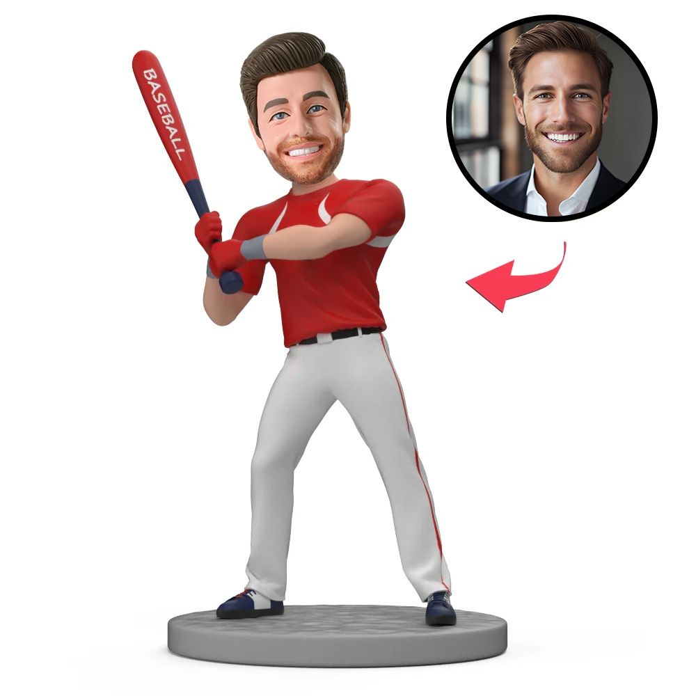 Custom Bobblehead Baseball Batter in Red Jersey Holding Baseball Bat