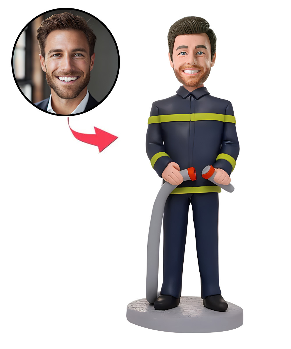 Fireman holding A Hose Custom Bobblehead With Engraved Text