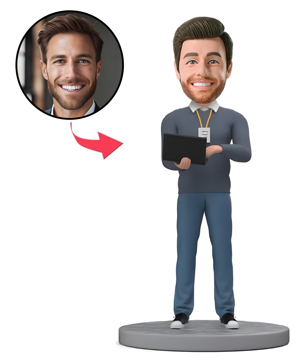 Custom Bobblehead Software Engineer Holding Laptop and Showing Badge