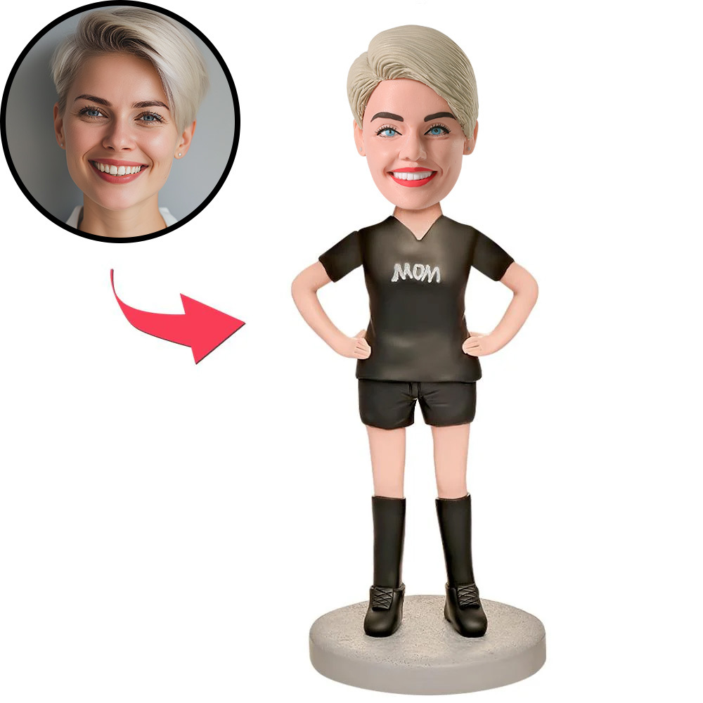 Mom in Black Custom Bobblehead with Engraved Text