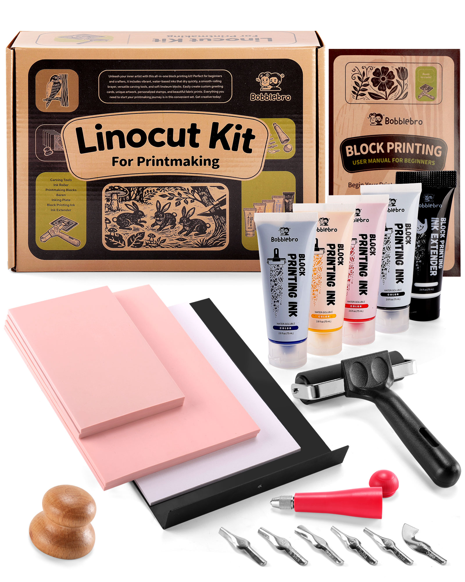 Linoleum Blocks for Printmaking, Stamp Making Carving Linocut Kit for Kids DIY Gift, Rubber Stamp Carving Screen Printing Kit with 4 Colors Block Printing Ink, Rubber Block, Linocut Tools