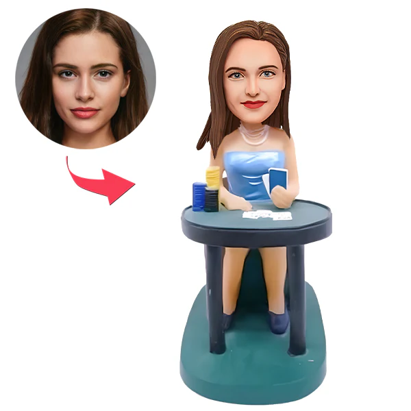 Customized Female Bobblehead Poker Player Wearing Blue Sexy Dress