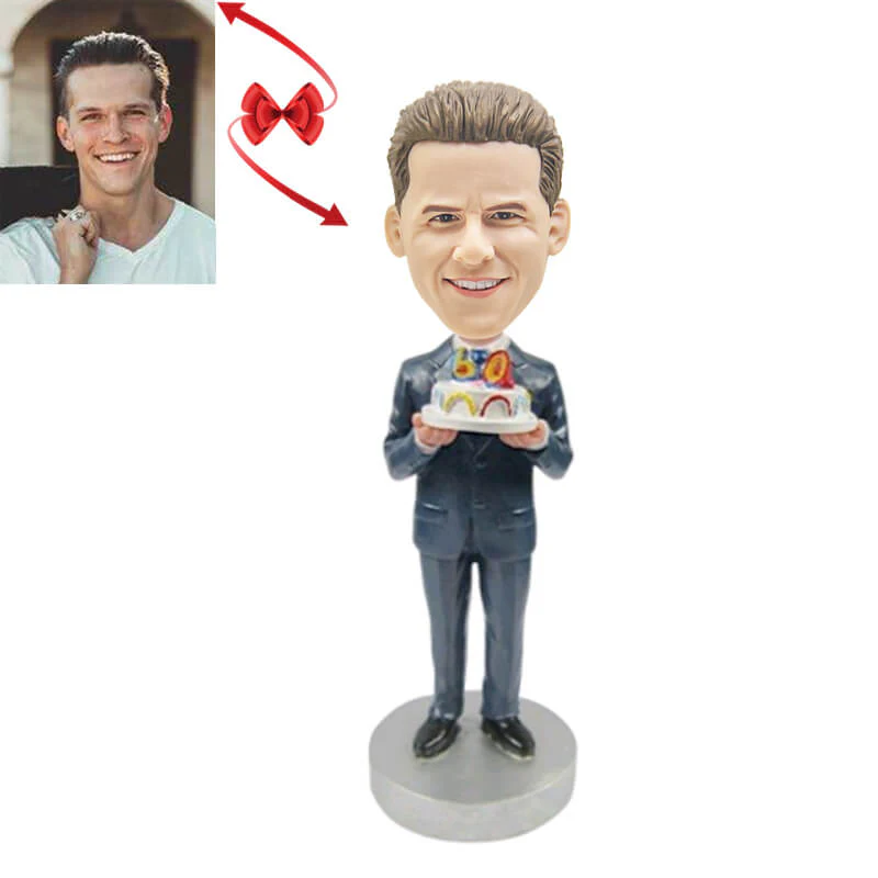 Birthday Gifts - Man Holding Birthday Cake Custom Bobblehead With Engraved Text