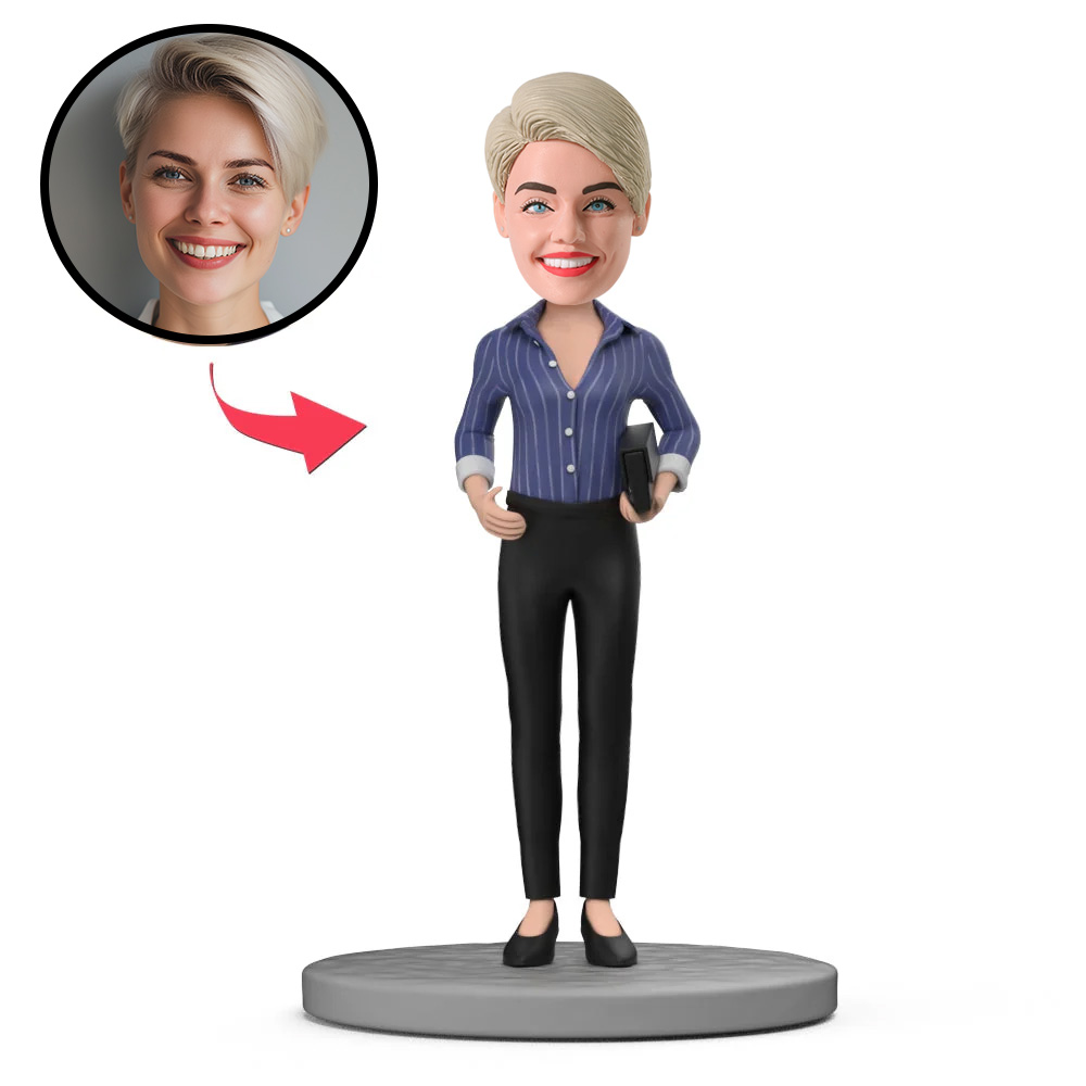 Blue Shirt and Black Pants Custom Bobblehead with Engraved Text